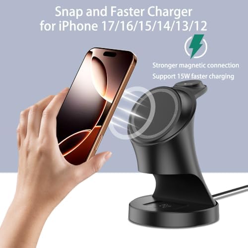 Wireless Charger,3 in 1 Magnetic Wireless Charger Stand, Fast Wireless Charging Dock for iPhone17/16/15/14/13/12 Series, Apple Watch Series, AirPods Pro. - Image 2