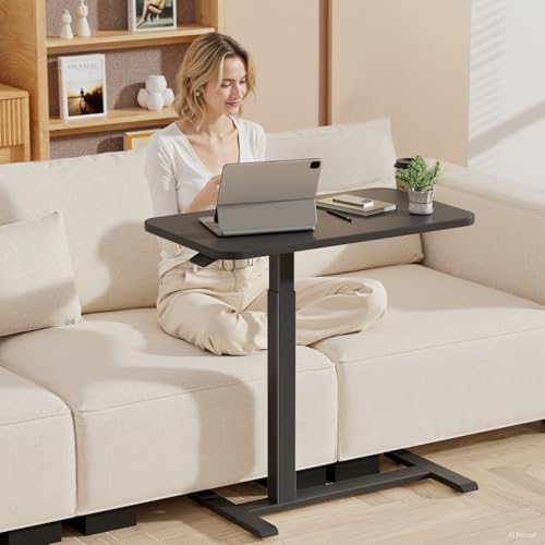 GTPLAYER Small Standing Desk with Hidden Wheels, Pneumatic Mobile Rolling Laptop Desk, Adjustable Height Overbed Bedside Table Computer Workstation for Home Office (28" W x 16" D, Pure Black) - Image 2