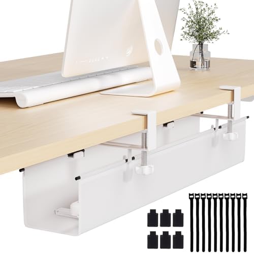 Under Desk Cable Management Tray 27.2" - No Drill Computer Wire Organizer Cable Tray, Cord Hider Clamp Mount with 16X Cable Ties PC Cables Management Cord Holder for Office/Home (Upgrade Fabric,White) by JOLENSOY