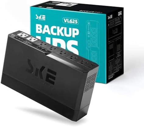 SKE VL625 625VA/360W UPS Battery Backup and Surge Protector - Uninterruptible Power Supply with AVR, 7 Outlets, USB and Type-C Charging, RJ45 Port for Computer, Router, Modem, and Home Office Devices by SKESMARTKEYENERGY
