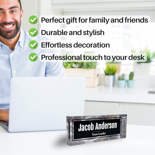 Customized Clear Acrylic Thick 8x3" Desk Name Plate Block with Personalized Logo - Professional Office Decor - Customized Acrylic Plate Gift for Teacher Co-workers (Black-White Marble) - Image 4