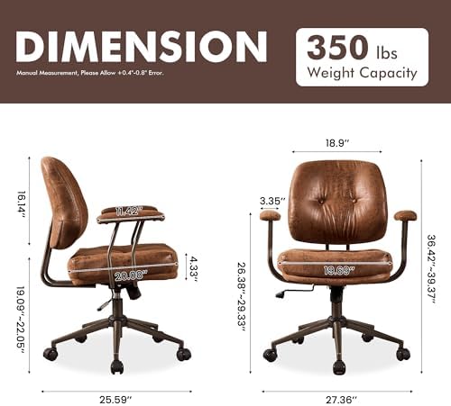 Brown Leather Home Office Chair, Mid Back Ergonomic Desk Chair with Lumbar Support, Mid Century Modern Deep Seat Swivel Rocking Computer Chair, Dark Brown Suede - Image 2