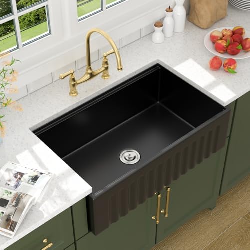 Lordear 33 Inch Black Fireclay Farmhouse Sink Workstation Fluted Reversible - Image 3