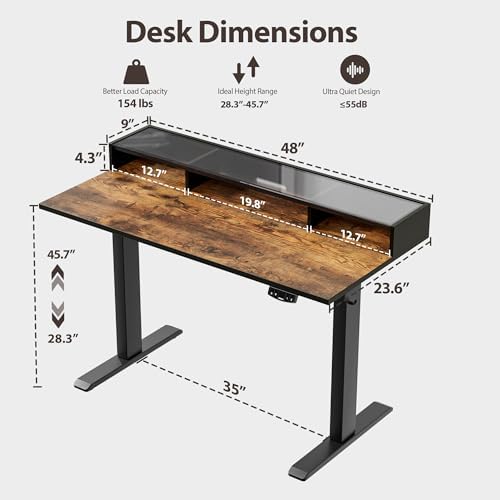 Agilestic 48*24 Inch Electric Standing Desk with Glass Shelf, Rustic Brown - Image 3