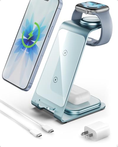 Intoval Aluminum 3 in 1 Wireless Charging Station for iPhone 17 16 15 14 13 12 11 Pro Max XR, Wireless Charger for Apple Watch 11 10 9 8 7 Ultra SE 3 2, Phone Charger for AirPods 4 Pro 2 3 (Blue) by Intoval