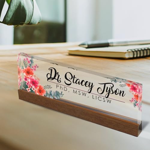 Artblox Personalized Office Desk Name Plate and Business Card Holder | Clear Acrylic Glass with Teak Wood Stand | Mixed Flowers Design Customized with Your Name and Credentials Office Desk Decor - Image 2