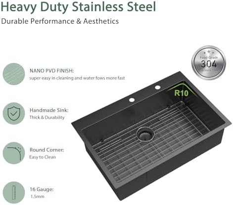 33 Inch Black Drop In 16 Gauge Stainless Steel Kitchen Sink - Image 3