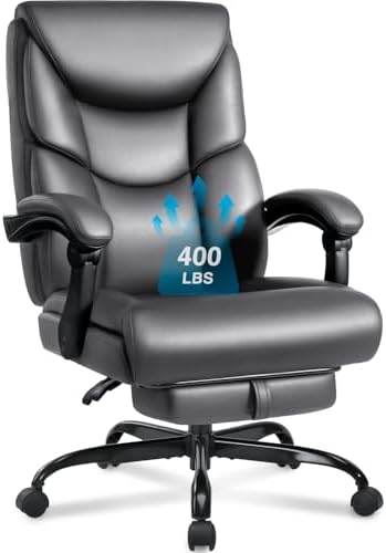 WAILOR 400lbs Office Chair with Foot Rest, Reclining Big and Tall Office Chair with Lumbar Support, High Back PU Leather Computer Chair,Comfy Desk Chair for Home Office (Gray) by Wailor