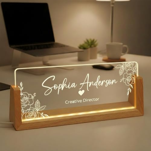 Personalized LED Name Plate for Desk - Light Up Acrylic Office Decor Desk Name Plate with Wooden Base - Appreciation Gifts for Boss, Coworkers, Teacher, Employee - Office Decor for Women Men by Noni