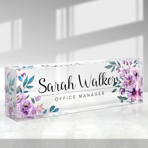Custom Name Plate for Desk - Desk Name Plate Personalized - Acrylic Office Desk Accessories - Appreciation Gifts for Coworkers Employee Teacher Staff Boss - Office Decor for Women (Purple Flowers E) by Purdicra