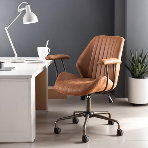 Mid Back Home Office Chair, Mid Century Modern Executive Chair, Comfy Ergonomic Rolling Office Desk Chair with Lumbar Support, Brown Faux Leather Office Chair, Brown by Eco-ChicLivingBeautifullyAffordable
