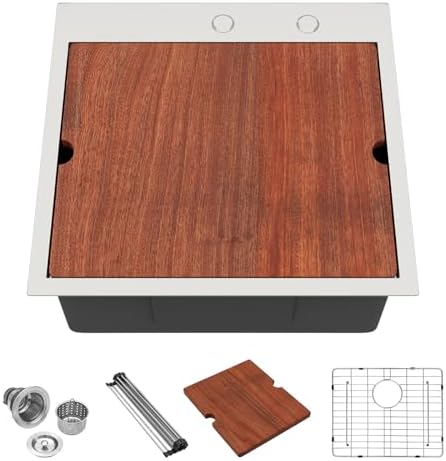 Lordear 21x20x10 Inch Drop in Bar Kitchen T304 16 Gauge Stainless Steel Single Bowl Workstation Topmount Over Counter for Wet Bar Prep Small Kitchen with Cutting Board by LORDEAR