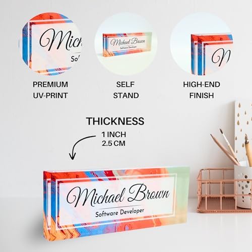 Customized Clear Acrylic Thick 8x3" Desk Name Plate Block with Personalized Logo - Professional Office Decor - Customized Acrylic Plate Gift for Teacher Co-workers (Colorful Paint) - Image 2