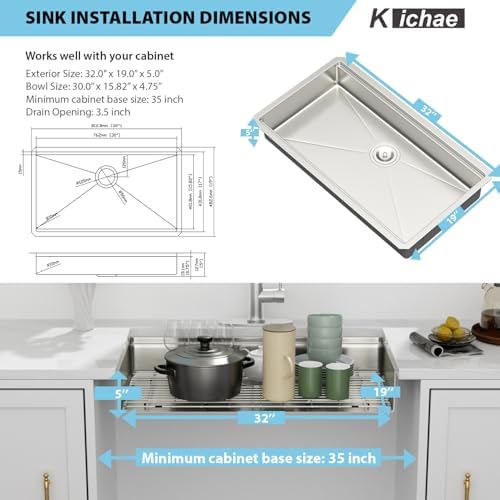 Kichae 32 Undermount Kitchen Sink 16 Gauge Stainless Steel ADA Compliant - Image 6