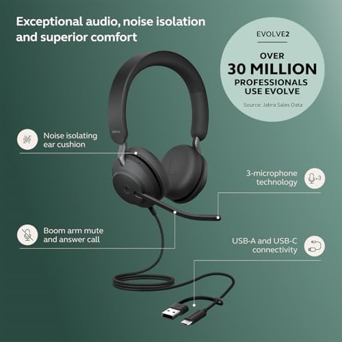 Jabra Evolve2 40 SE (2026 Version) Wired Stereo Noise-Cancelling Headset - Features 3-Microphone Call Technology and USB-C/A Cable - MS Teams Certified, Works with All Platforms - Black - Image 3