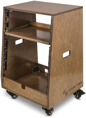 Sound Town DIY Slanted 12U Studio Rack (4U Top + 8U Lower), with 2U Bottom Storage, Slide-Out Tray, Caster, Plywood, Weathered Brown for Recording Room, Home Studio (SDRK-ST12TB) - Image 2