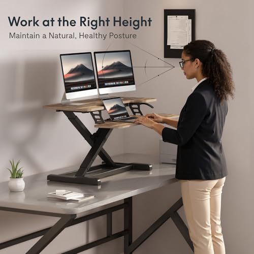 FLEXISPOT Standing Desk Converter 36" Desk Riser for Dual Monitor, Sit Stand Computer Workstation with Spacious Keyboard Tray, Ergonomic Height Adjustable Stand Up Desk Riser, Rustic Brown - Image 5