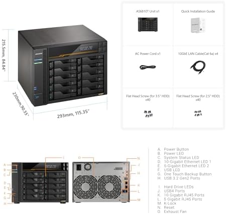 Asustor Lockerstor 10 Gen3 AS6810T 10 Bay NAS, AMD Ryzen V3C14 Quad-Core, 16GB ECC DDR5 RAM, Dual 10GbE + Dual 5GbE, 4 M.2 NVMe SSD Slots, USB4 40Gbps, Enterprise Grade for Enthusiasts(Diskless) - Image 4