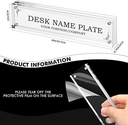 Geetery 4 Pcs Acrylic Office Desk Name Plate Personalized Clear Acrylic Block Double Sided Table Name Plate Holder Business Magnet Frame DIY Desktop Holder Accessories Decor (2" x 8") - Image 3