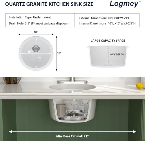 Logmey 18" Round Bar Sink White Granite Composite Quartz Undermount RV Sink Single Bowl Under Counter 9" Deep Kitchen Sinks,18x18x9 Inch - Image 4