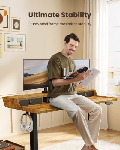 ErGear Electric Standing Desk with Drawers, 63″ x 28″ Gaming Table Compatible Monitor Stand, Stand up Desks, Home Office Height-Adjustable Desk with Storage Shelf, 4 Preset Heights, Vintage Brown - Image 6