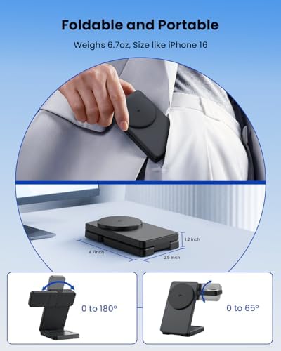 Magnetic Wireless Charging Station for Apple: Upgraded QI2 Certified 15W 3-in-1 Magsafe Wireless Charger Stand, Foldable Travel Fast Charger for iPhone 17 16 15 14 13 12 Series, Apple Watch, AirPods - Image 4