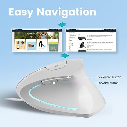 Perixx PERIMICE-513W Wired Ergonomic USB Mouse - 6 Buttons with 1000/1600 DPI - Vertical Right-Handed Design - White - Image 6
