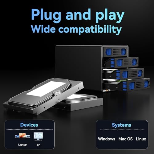 CENMATE Aluminum 4 Bay Hard Drive Enclosure with Cooling Fan for 2.5“/3.5" SATA HDD/SSD with USB A/C 3.0, Support Hot Swappable, Tool-Free HDD Enclosure, DAS(NO RAID/NAS) - Image 6