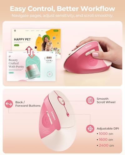 seenda Ergonomic Wireless Mouse, 52° Vertical Bluetooth Mouse, Hot Pink - Image 3