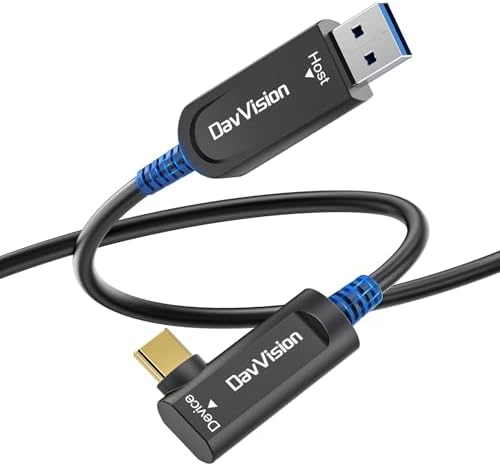 USB A to USB C Fiber Optic Cable Right Angle 50 FT, 10Gbps USB 3.2 Gen2 Extension Cable(No Power), Ultra Slim & Long Distance for Business Solution,Logitech 4K Camera,VR/AR,Video Conference by DavVision