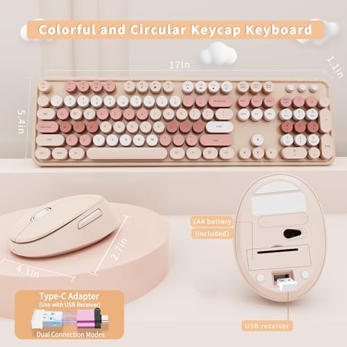 Wireless Keyboard and Mouse Combo, Ergonomic Full Size Typewriter Retro Round Keycaps Keyboard, Compatible with Windows, PC, Perfer for Home and Office Keyboards (Chocolate Color) - Image 5