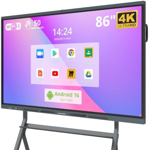 86″ Smart Board, 4K UHD Interactive Whiteboard with Android 16 System and 48MP Camera, All in One Digital Whiteboard for Home, Classroom and Business (Wall Mount Included) by HUSHIDA