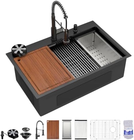 Dcolora 30"x21.2" Matte Black Drop In Kitchen Sink Workstation with Faucet by Dcolora