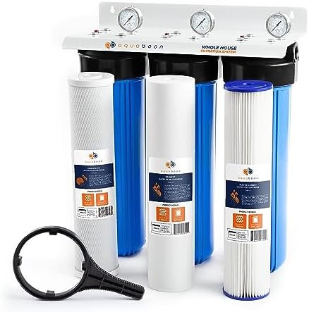 3-Stage Whole House Water Filter System 20 x 4,5 inch with Wrench, Bracket, Gauge & Release Buttons | Sediment, CTO, Pleated Water Filters Included by Aquaboon