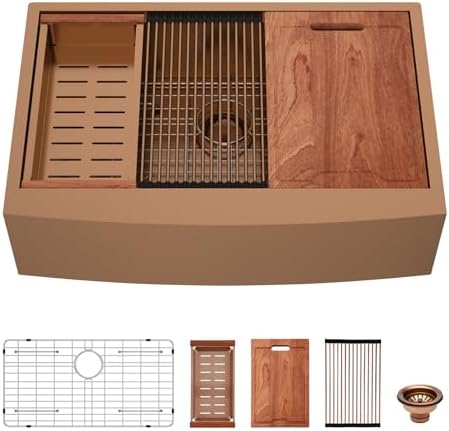 Lordear 33x21Inch Copper Tone Bronze Farmhouse Kitchen Sink Workstation SUS304 16-Gauge Stainless Steel Farmhouse Sink Apron Fron Farm Style Undermount Sinks, 33"x21"x10" by LORDEAR