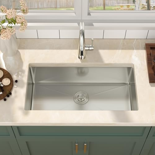 Mocoloo 30 Inch Undermount Kitchen Sink - 30" x 16" T304 Stainless Steel Handmade Single Bowl Round Corner Under Counter 9" Deep Basin - Image 4