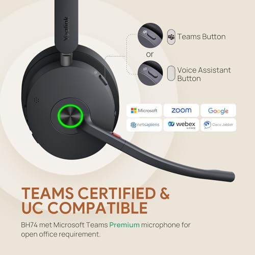 Yealink BH74 with Stand ANC Wireless Headset with Microphone for PC, Bluetooth Headset Noise Cancelling with 6 AI Mic, 32H Talk Time & Mute Button, Microsoft Teams Premium Open Office Certified UC - Image 5