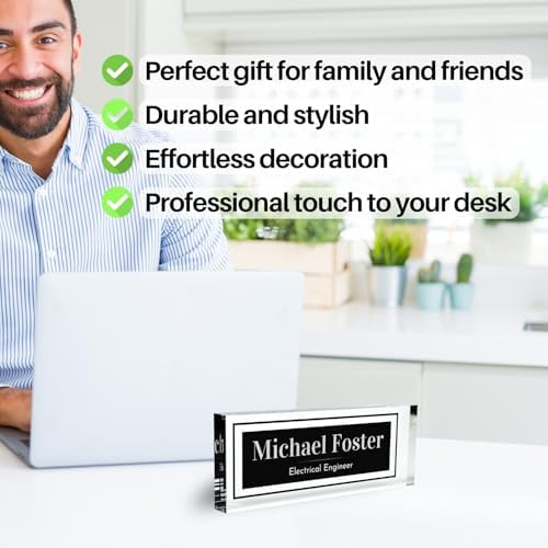 Customized Clear Acrylic Thick 8x3" Desk Name Plate Block with Personalized Logo - Professional Office Decor - Customized Acrylic Plate Gift for Teacher Co-workers (Elegant Charcoal) - Image 4