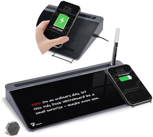 TOWON Glass Desk Whiteboard 16x7 in, Wireless Charger and Storage, Black by TOWON
