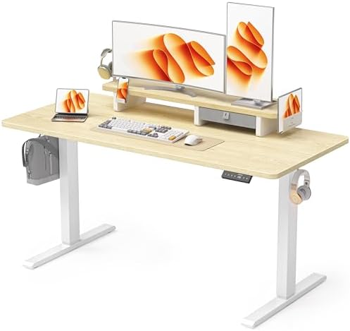 WALKINGDESK 63x24 Inches Electric Standing Desk with Drawer and Monitor Stand, Height Adjustable Sit to Stand up Desk for Home Office, Ergonomic Computer Table with Phone Holder, 3 Hooks, Oak by WALKINGDESK