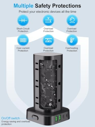 6FT Power Strip Tower Surge Protector, 12 Wide Spaced Outlets, 4 USB - Image 6