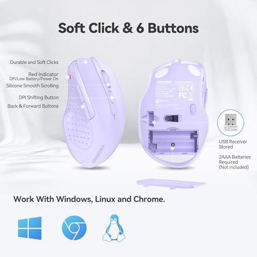 TECKNET Wireless Mouse, 2.4G Ergonomic Computer Mouse, 2600 DPI, Lavender - Image 4