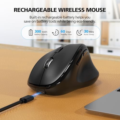 Bluetooth Wireless Mouse Ergonomic Vertical for Laptop Computer Macbook iPad Tablet Rechargeable Silent Click USB Carpal Tunnel Right Hand Compatible with Windows iOS Mac OS Android Black - Image 4
