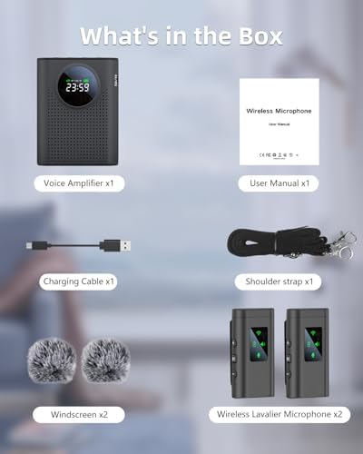 S67 Voice Amplifier Wireless Microphone Dual for Teachers Classroom Rechargeable, Mini Lavalier Lapel Mic, Portable Speaker PA System with LED Display for Class, Tour Guide, Coaches, Black - Image 7