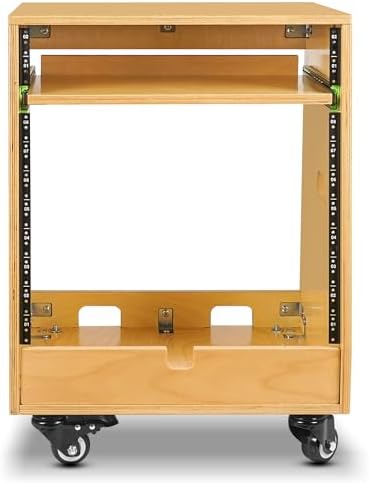 Sound Town DIY Slanted 10U Studio Rack (2U Top + 8U Lower), with 2U Bottom Storage, Slide-Out Tray, Caster, Plywood, Golden Oak For Recording Room, Home Studio (SDRK-ST10T) - Image 2