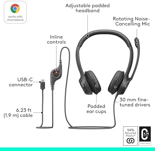 Logitech H391 Wired Headset for PC/Laptop, Stereo Headphones with Noise Canceling Microphone, USB-C, in-Line Controls, Works with Chromebook - Graphite (Pack of 12) - Image 6