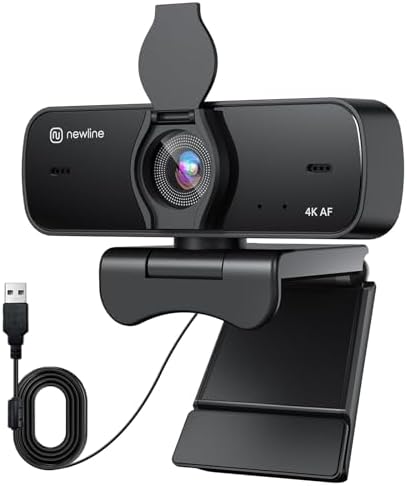 4K Webcam for PC with Dual Microphones, Autofocus USB Camera with Privacy Cover and Auto Light Correction, Plug and Play for Laptop, Mac, Zoom, Teams, Video Calls and Streaming by Nnewline