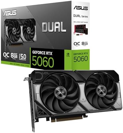 ASUS Dual NVIDIA GeForce RTX 5060 8GB GDDR7 OC Edition (PCIe 5.0, 8GB GDDR7, DLSS 4, HDMI 2.1b, DisplayPort 2.1b, 2.5-Slot Design, Axial-tech Fan Design, 0dB Technology), 3 Year Warranty by Unknown
