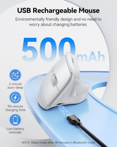 TECKNET Vertical Ergonomic Wireless Bluetooth Mouse, Silent Rechargeable Bluetooth Mouse(BT 5.0/5.0+2.4G), 5-Level 4800 DPI, 200H Long Battery Life, Compatible with Windows/Mac/Linux/Android/Chrome - Image 5