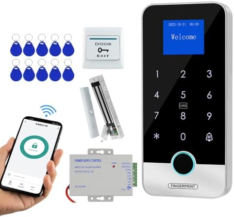 Tuya APP Smart Fingerprint Access Control Kit Features a 4-in-1 Unlocking Function and Includes a Keyboard Controller, Power Adapter, 600-pound Magnetic Lock, Switch, and 10 13.56MHz RFID Key fobs. by FSTWBrandFlagship